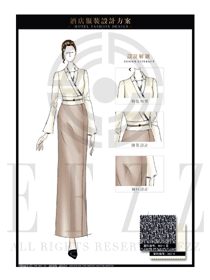 大師手繪卡其色女款酒店民族特色服裝款式設(shè)計(jì)圖176