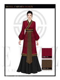 玫紅色女款漢服風(fēng)格酒店中餐廳迎賓制服設(shè)計(jì)圖773