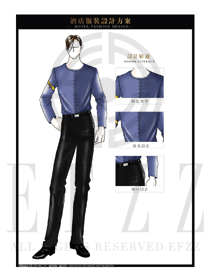 藍(lán)色男款西餐服務(wù)員服裝款式設(shè)計(jì)圖1230
