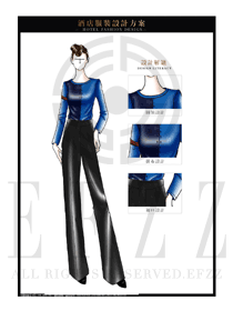 時尚藍色女款西餐服務(wù)員服裝款式設(shè)計圖1240