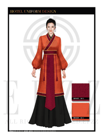 橙黃色女款漢服風(fēng)格中餐廳迎賓制服設(shè)計(jì)圖777