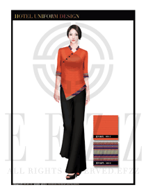 時(shí)尚橙黃色女款中餐迎賓服裝款式設(shè)計(jì)圖778