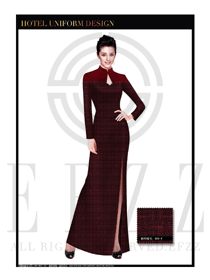 棗紅色長裙款酒店中餐廳迎賓制服設計圖785