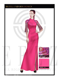 玫紅色長裙款酒店中餐廳迎賓制服設(shè)計圖794