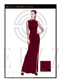 棗紅色長裙款酒店中餐廳迎賓制服設(shè)計圖798