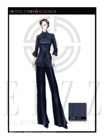 大師手繪深藍(lán)色修身款酒店大堂服裝款式設(shè)計(jì)圖1013