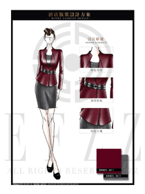 棗紅色長袖女款大堂經理制服設計圖1019