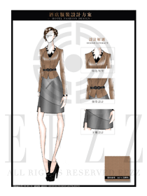 大師手繪深黃色色短裙款職業(yè)裝大堂經(jīng)理制服設(shè)計(jì)圖1020