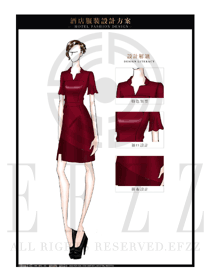 大師手繪酒紅色連衣裙款職業(yè)裝大堂經(jīng)理制服設(shè)計(jì)圖1026