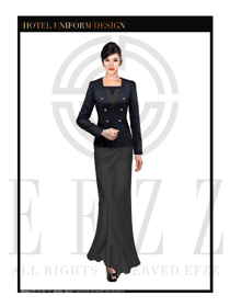 臧藍(lán)色修身長(zhǎng)裙款酒店中餐廳迎賓制服設(shè)計(jì)圖804