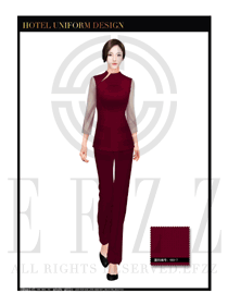 棗紅色女款中餐服務(wù)員服裝款式設(shè)計(jì)圖1761