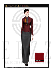 時尚棗紅色女款中餐迎賓服裝款式設(shè)計圖815