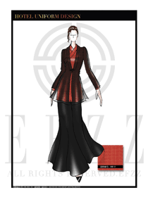 橙黃色長裙款酒店中餐迎賓制服設(shè)計(jì)圖820