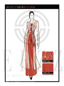 時(shí)尚橙黃色長(zhǎng)裙款中餐迎賓服裝款式設(shè)計(jì)圖823