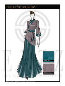 時(shí)尚墨綠色長裙款中餐迎賓服裝款式設(shè)計(jì)圖827