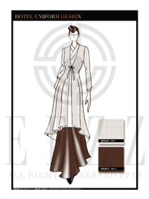 大師手繪卡其色女款酒店中餐迎賓制服設計圖832