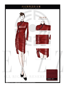 棗紅色長(zhǎng)裙款酒店中餐迎賓制服設(shè)計(jì)圖834