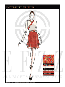 大師手繪橙黃色短裙款中餐服務員服裝款式圖1791