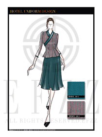 大師手繪黃藍色女款中餐服務員服裝款式圖1800