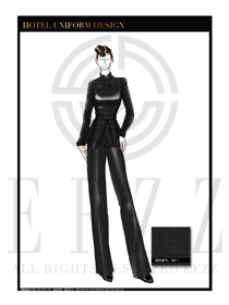 原創(chuàng)手繪黑色長袖女款中餐服務(wù)員制服款式圖1811