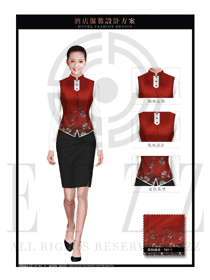 時(shí)尚酒紅色馬甲款西餐服務(wù)員制服設(shè)計(jì)圖1260