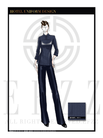 原創(chuàng)手繪稿臧藍色長袖女款中餐服務員服裝款式圖1825