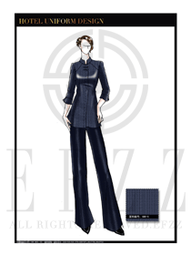 原創(chuàng)手繪稿臧藍(lán)色女款中餐服務(wù)員服裝款式圖1828