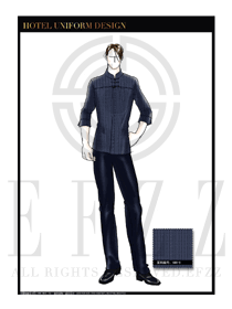 藏青色長袖男款中餐服務(wù)員制服設(shè)計圖1832