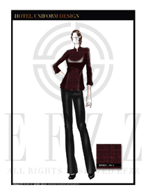 時尚棗紅色韓版修身款中餐服務(wù)員制服款式圖1833