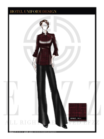 原創(chuàng)手繪稿深紫色女款中餐服務員服裝款式圖1843