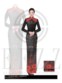 暗紅色長裙款酒店中餐廳迎賓制服設(shè)計圖788