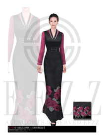 玫紅色長裙款酒店中餐迎賓制服設(shè)計(jì)圖851