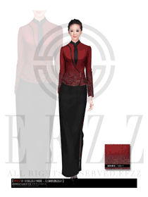 新款暗紅色女款酒店中餐迎賓制服設(shè)計(jì)圖819