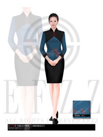 新款藍(lán)色長(zhǎng)袖女款中餐服務(wù)員制服設(shè)計(jì)圖644