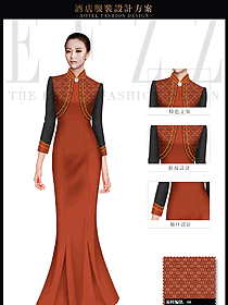暗紅色長(zhǎng)裙款酒店中餐迎賓服裝款式設(shè)計(jì)圖867