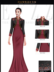 新款棗紅色女款酒店中餐迎賓制服設(shè)計(jì)圖868
