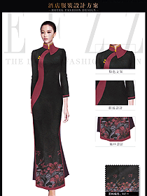 時(shí)尚棗紅色女款中餐迎賓制服設(shè)計(jì)圖870
