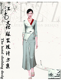 原創(chuàng)制服設(shè)計(jì)淺灰色山水畫中餐服務(wù)員服裝款式圖1993
