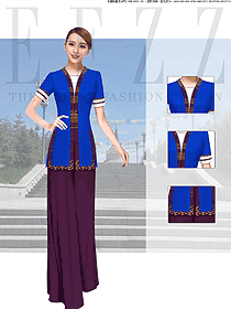時(shí)尚深藍(lán)色女款民族特色酒店制服設(shè)計(jì)圖238