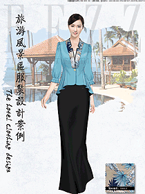 時(shí)尚淺藍(lán)色長(zhǎng)裙款中餐廳迎賓員制服設(shè)計(jì)圖882