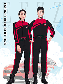 新款黑紅色男女款汽修服工程服款式效果圖1224