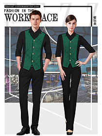 原創(chuàng)制服設計綠色馬甲款西餐服務員服裝款式圖1323