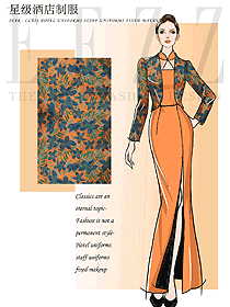 時尚橙色女款中餐廳迎賓員制服設(shè)計(jì)圖889