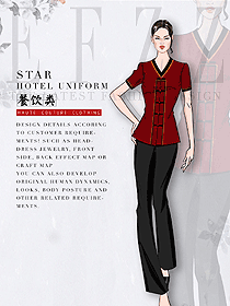 紅色短袖女款中餐服務(wù)員服裝款式圖2091