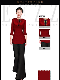 星級(jí)酒店酒紅色女款中餐服務(wù)員服裝款式圖1693