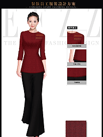 棗紅色修身版女款中餐服務(wù)員制服設(shè)計(jì)圖1702