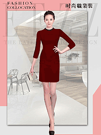 時尚棗紅色連衣裙款女職業(yè)裝夏裝制服設(shè)計圖822