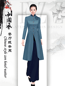 青色女款中餐服務(wù)員服裝款式圖2087