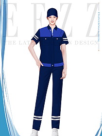 藏藍色廠區(qū)反光條工程服裝女款夏裝