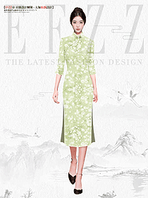 新中式風(fēng)格酒店員工旗袍草綠色設(shè)計效果圖